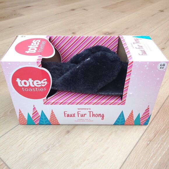Totes Womens Slippers Black Size L 8-9 Faux Fur Thong Flip Flops Gift Holiday - Picture 1 of 4